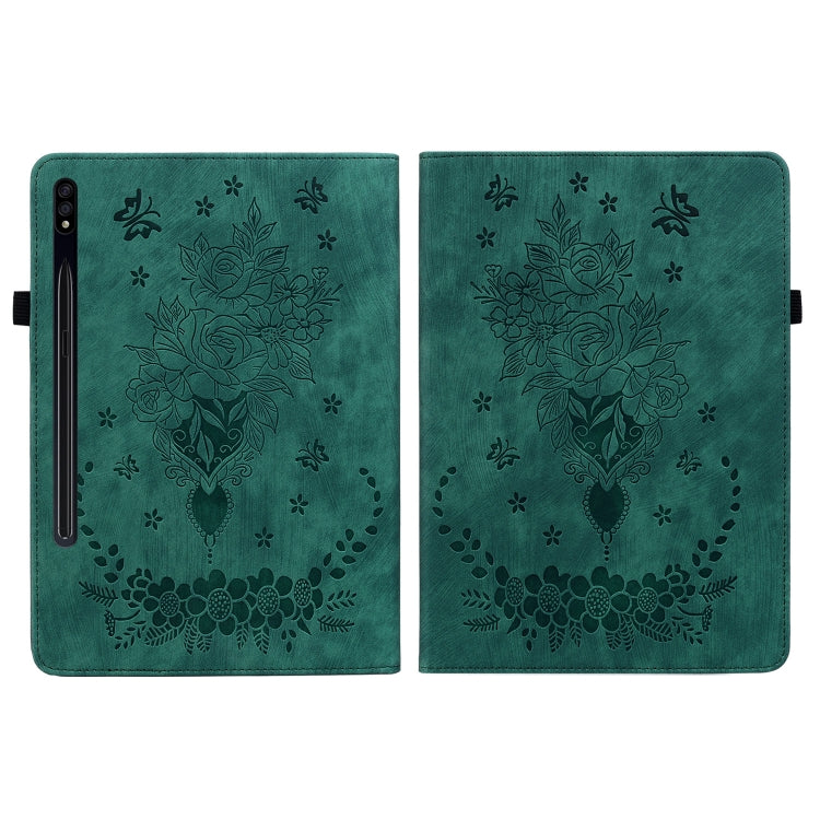 For Samsung Galaxy Tab S7 / S8 Butterfly Rose Embossed Leather Tablet Case(Green) by bashfashion