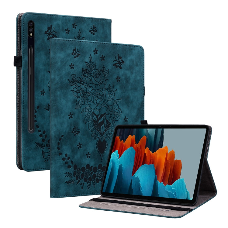 For Samsung Galaxy Tab S7 / S8 Butterfly Rose Embossed Leather Tablet Case(Dark Blue) by bashfashion