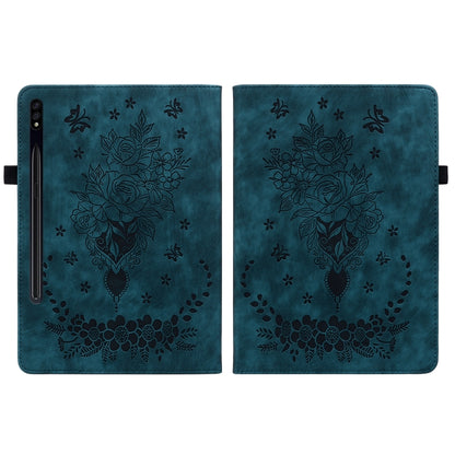 For Samsung Galaxy Tab S7 / S8 Butterfly Rose Embossed Leather Tablet Case(Dark Blue) by bashfashion