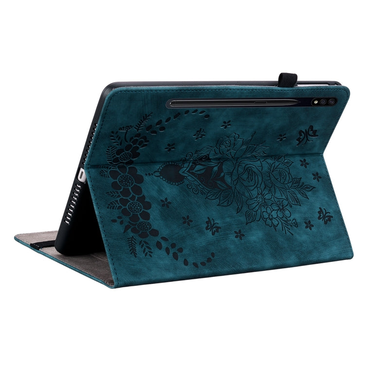 For Samsung Galaxy Tab S7 / S8 Butterfly Rose Embossed Leather Tablet Case(Dark Blue) by bashfashion