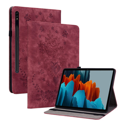 For Samsung Galaxy Tab S8+ / S7+ / S7 FE Butterfly Rose Embossed Leather Tablet Case(Red) by bashfashion