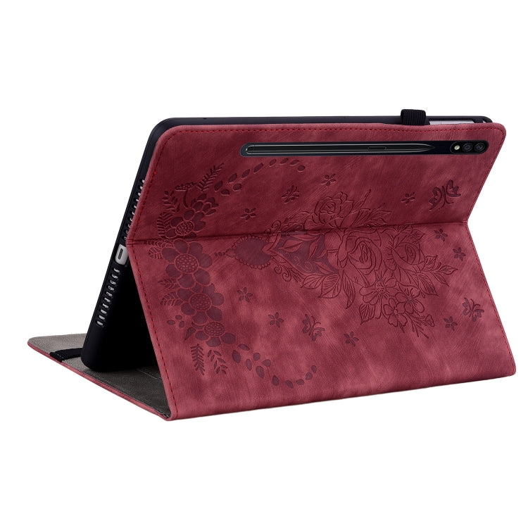 For Samsung Galaxy Tab S8+ / S7+ / S7 FE Butterfly Rose Embossed Leather Tablet Case(Red) by bashfashion