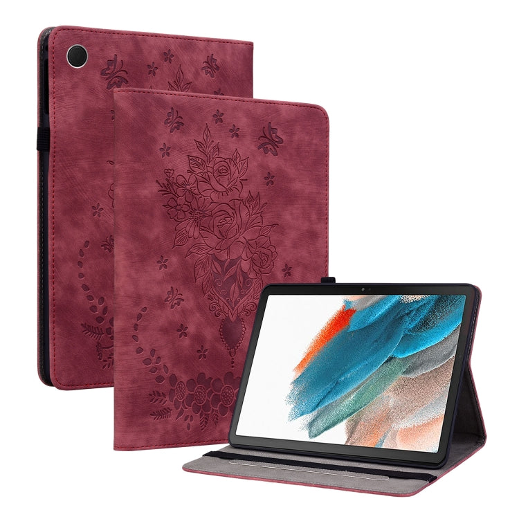 For Samsung Galaxy Tab А9 Butterfly Rose Embossed Leather Tablet Case(Red) by bashfashion