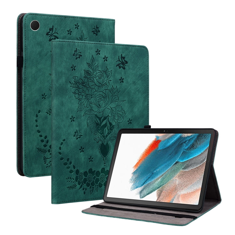 For Samsung Galaxy Tab А9 Butterfly Rose Embossed Leather Tablet Case(Green) by bashfashion
