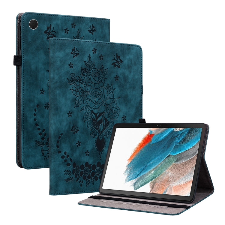 For Samsung Galaxy Tab А9 Butterfly Rose Embossed Leather Tablet Case(Dark Blue) by bashfashion