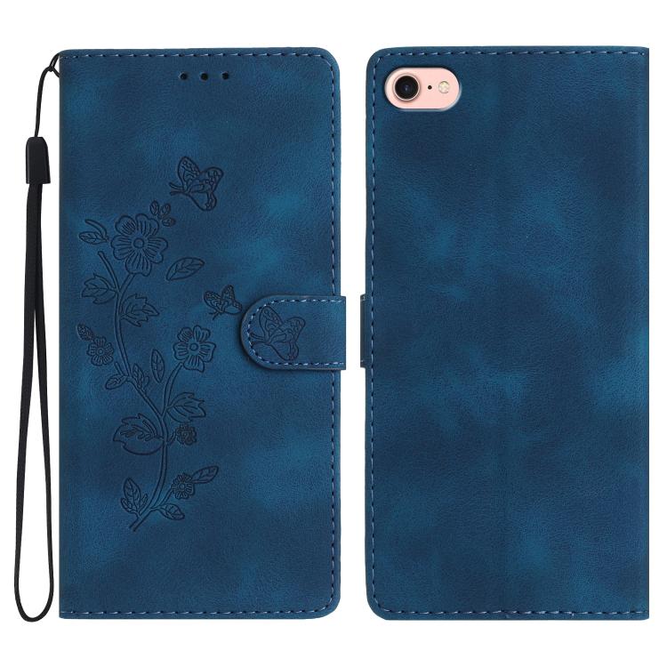 For iPhone 16e Flower Butterfly Embossing Pattern Leather Phone Case(Blue) by bashfashion