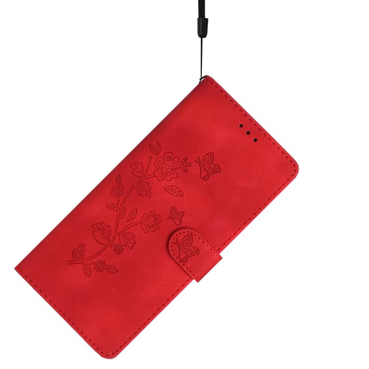 For iPhone 16e Flower Butterfly Embossing Pattern Leather Phone Case(Red) by bashfashion