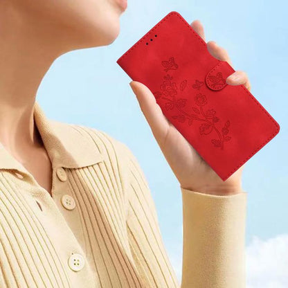 For iPhone 16e Flower Butterfly Embossing Pattern Leather Phone Case(Red) by bashfashion