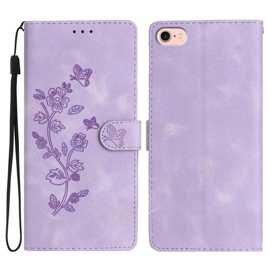 For iPhone 16e Flower Butterfly Embossing Pattern Leather Phone Case(Purple) by bashfashion