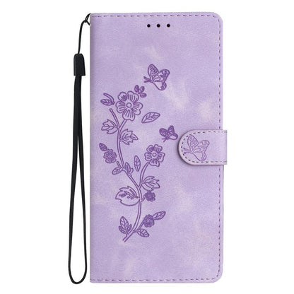 For iPhone 16e Flower Butterfly Embossing Pattern Leather Phone Case(Purple) by bashfashion