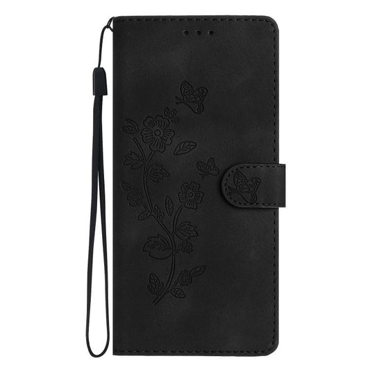 For iPhone 16e Flower Butterfly Embossing Pattern Leather Phone Case(Black) by bashfashion
