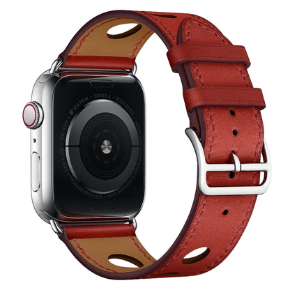 For Apple Watch Series 7 45mm / 6 & SE & 5 & 4 44mm / 3 & 2 & 1 42mm Leather Three Holes Watch Band(Red) by bashfashion