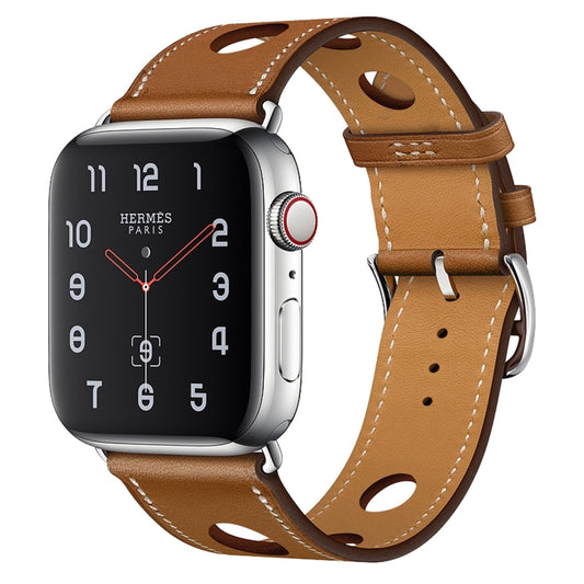 For Apple Watch Series 7 45mm / 6 & SE & 5 & 4 44mm / 3 & 2 & 1 42mm Leather Three Holes Watch Band(Brown) by bashfashion