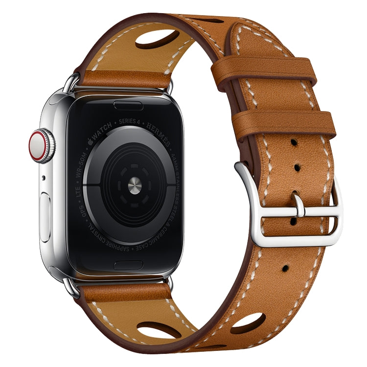 For Apple Watch Series 7 45mm / 6 & SE & 5 & 4 44mm / 3 & 2 & 1 42mm Leather Three Holes Watch Band(Brown) by bashfashion
