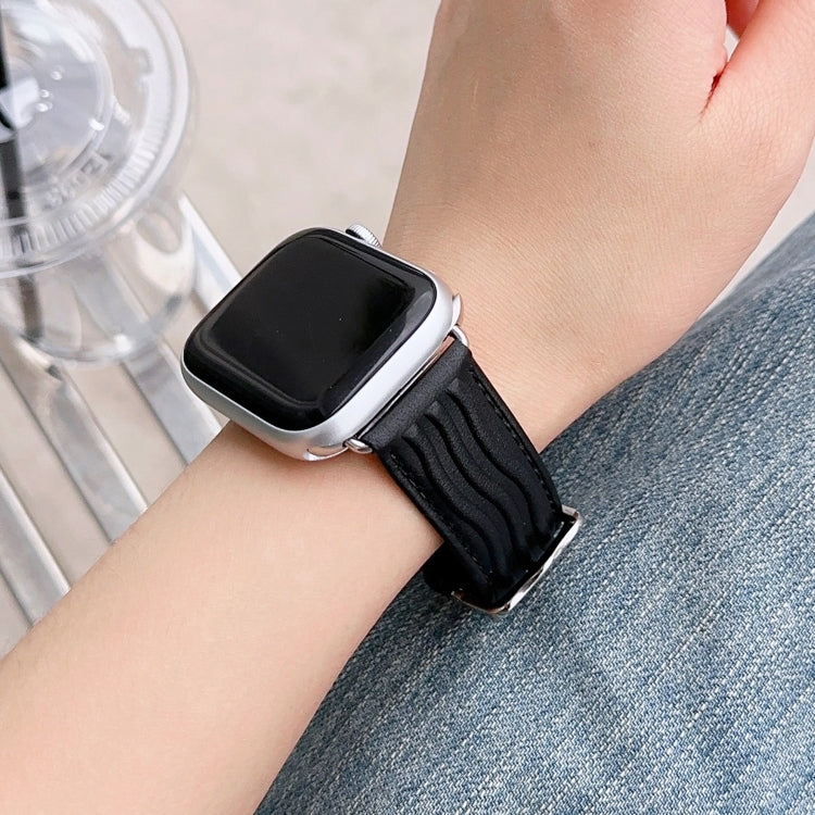 Embossed Line Genuine Leather Watch Band For Apple Watch 8 45mm(Black) by bashfashion