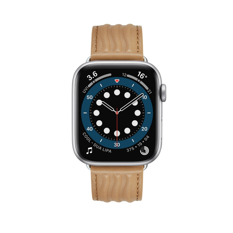 Embossed Line Genuine Leather Watch Band For Apple Watch 8 45mm(Khaki) by bashfashion