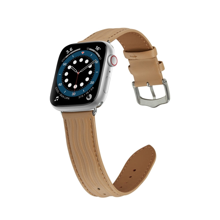 Embossed Line Genuine Leather Watch Band For Apple Watch 8 45mm(Khaki) by bashfashion
