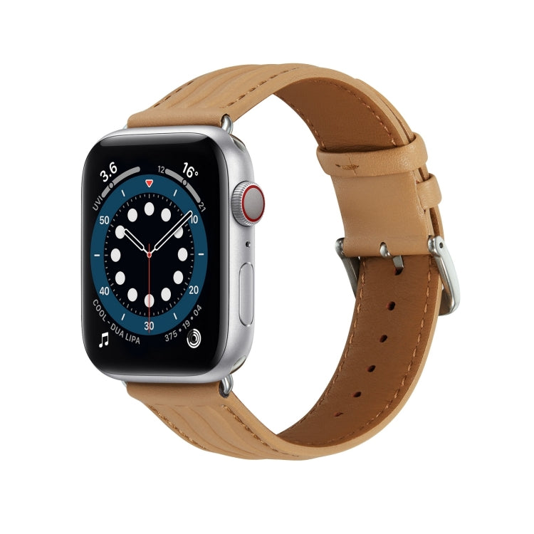 Embossed Line Genuine Leather Watch Band For Apple Watch SE 2023 44mm(Khaki) by bashfashion
