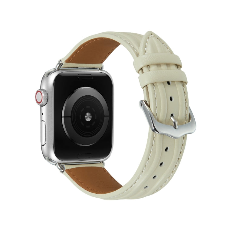 Embossed Line Genuine Leather Watch Band For Apple Watch SE 2023 44mm(Milky White) by bashfashion