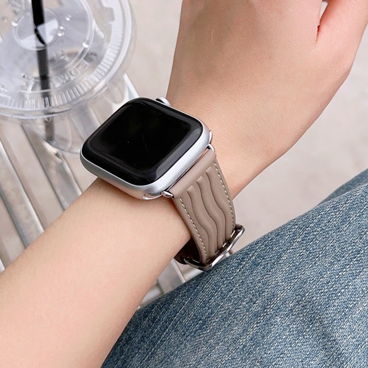Embossed Line Genuine Leather Watch Band For Apple Watch SE 2023 44mm(Milky Brown) by bashfashion