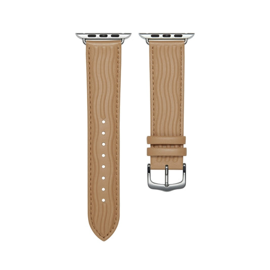 Embossed Line Genuine Leather Watch Band For Apple Watch 9 45mm(Khaki) by bashfashion