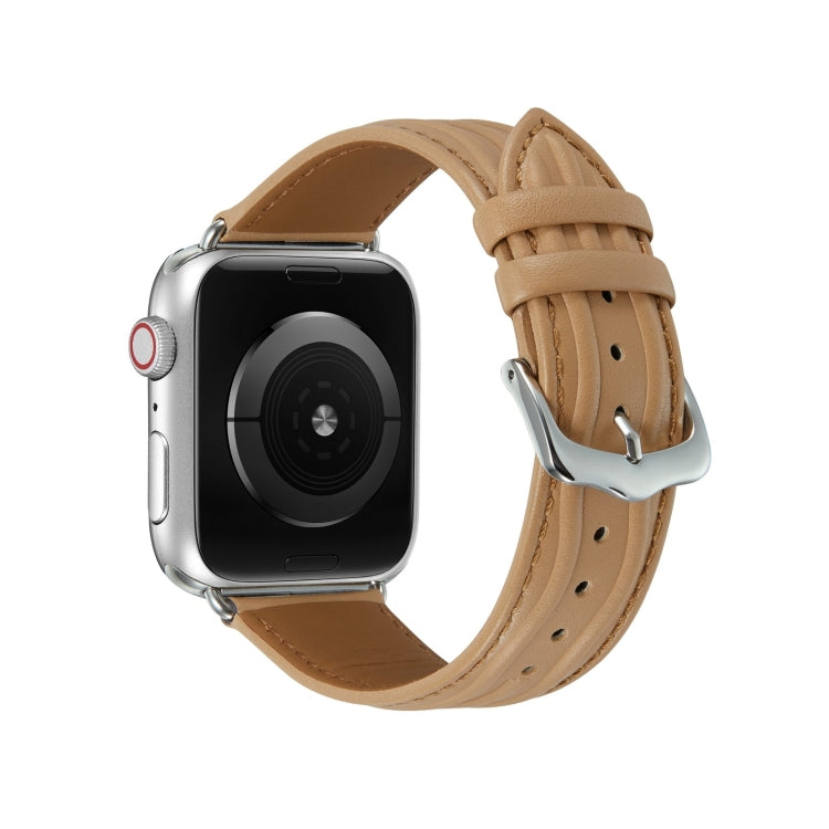 Embossed Line Genuine Leather Watch Band For Apple Watch 9 45mm(Khaki) by bashfashion