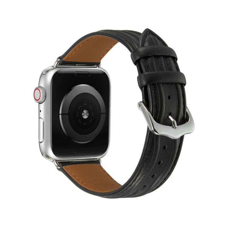 Embossed Line Genuine Leather Watch Band For Apple Watch 9 41mm(Black) by bashfashion