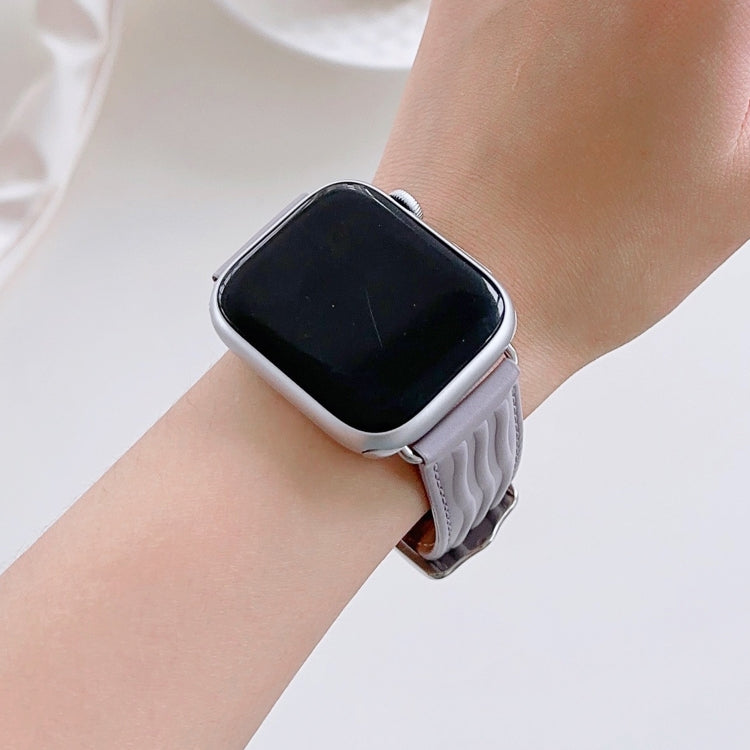 Embossed Line Genuine Leather Watch Band For Apple Watch 9 41mm(Lavender Purple) by bashfashion