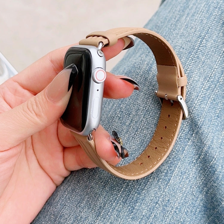 Embossed Line Genuine Leather Watch Band For Apple Watch Series 10 42mm(Khaki) by bashfashion