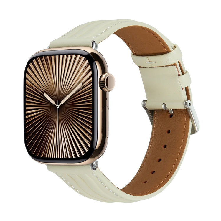Embossed Line Genuine Leather Watch Band For Apple Watch Series 10 46mm(Milky White) by bashfashion