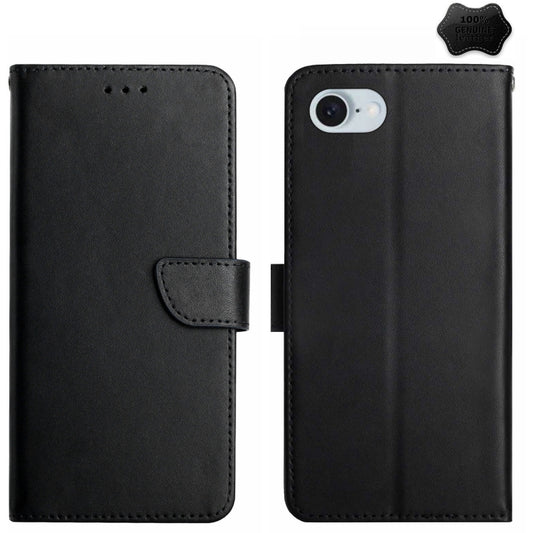 For iPhone 16e Genuine Leather Fingerprint-proof Flip Phone Case(Black) by bashfashion
