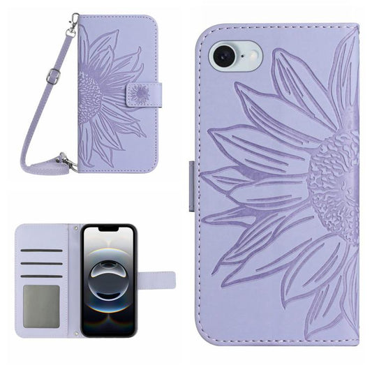 For iPhone 16e Skin Feel Sun Flower Embossed Flip Leather Phone Case with Lanyard(Purple) by bashfashion