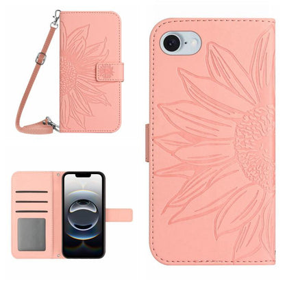 For iPhone 16e Skin Feel Sun Flower Embossed Flip Leather Phone Case with Lanyard(Pink) by bashfashion