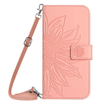 For iPhone 16e Skin Feel Sun Flower Embossed Flip Leather Phone Case with Lanyard(Pink) by bashfashion