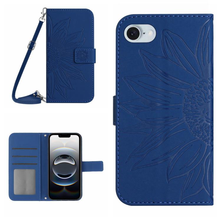 For iPhone 16e Skin Feel Sun Flower Embossed Flip Leather Phone Case with Lanyard(Dark Blue) by bashfashion