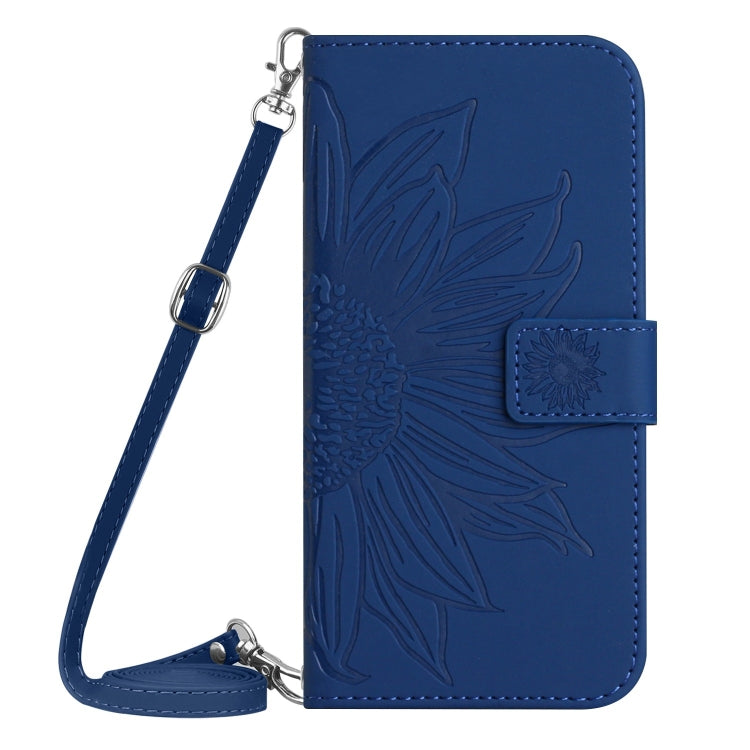 For iPhone 16e Skin Feel Sun Flower Embossed Flip Leather Phone Case with Lanyard(Dark Blue) by bashfashion