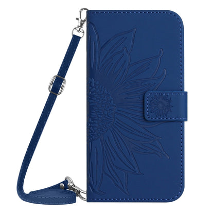 For iPhone 16e Skin Feel Sun Flower Embossed Flip Leather Phone Case with Lanyard(Dark Blue) by bashfashion