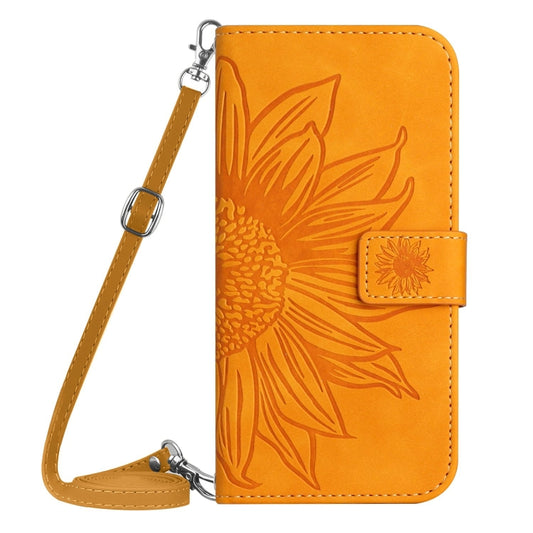 For iPhone 16e Skin Feel Sun Flower Embossed Flip Leather Phone Case with Lanyard(Yellow) by bashfashion