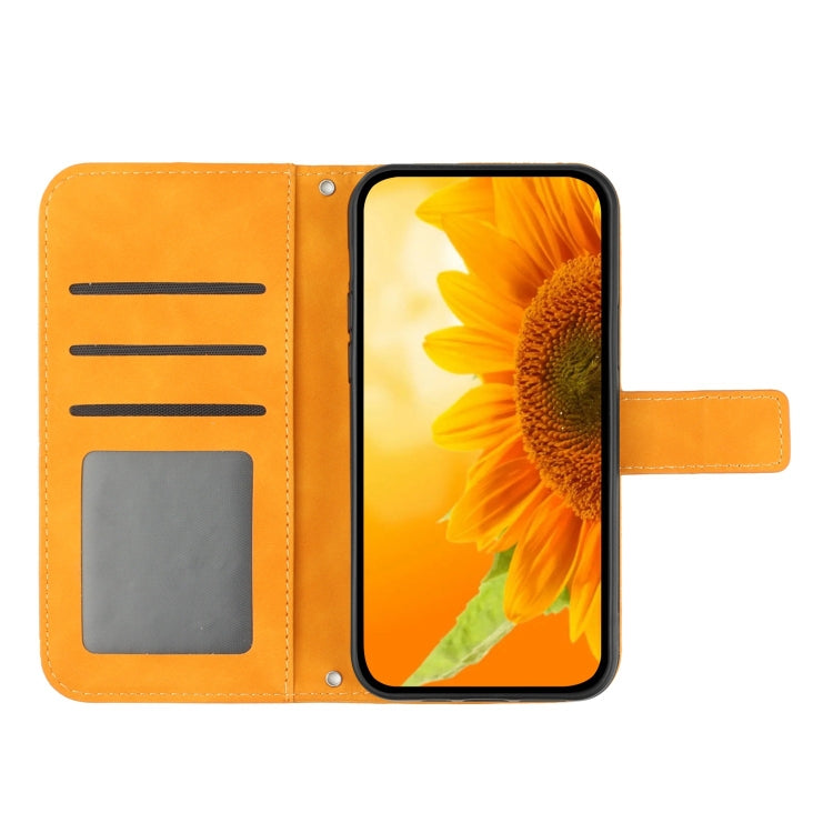 For iPhone 16e Skin Feel Sun Flower Embossed Flip Leather Phone Case with Lanyard(Yellow) by bashfashion