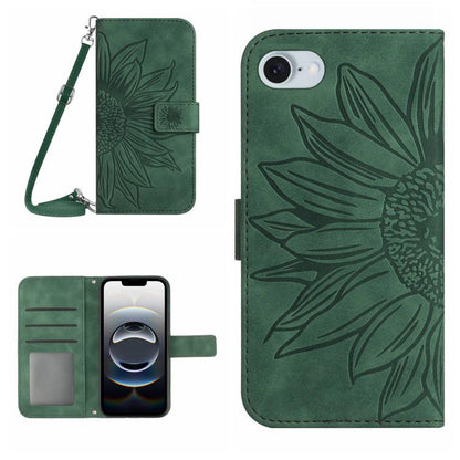 For iPhone 16e Skin Feel Sun Flower Embossed Flip Leather Phone Case with Lanyard(Green) by bashfashion