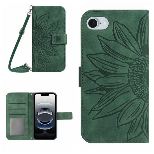 For iPhone 16e Skin Feel Sun Flower Embossed Flip Leather Phone Case with Lanyard(Green) by bashfashion