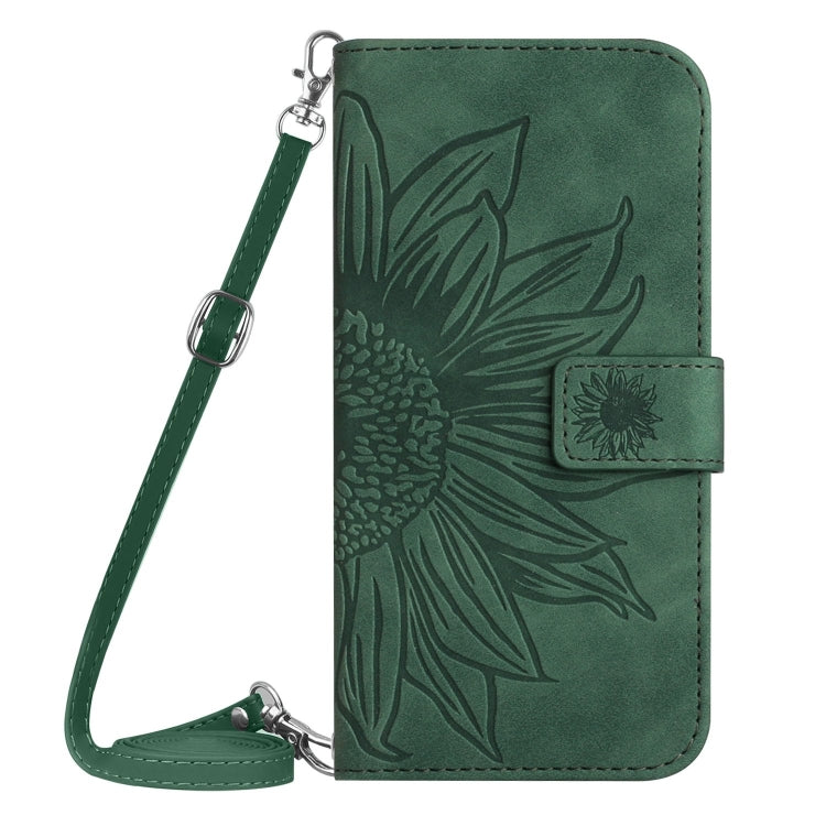 For iPhone 16e Skin Feel Sun Flower Embossed Flip Leather Phone Case with Lanyard(Green) by bashfashion
