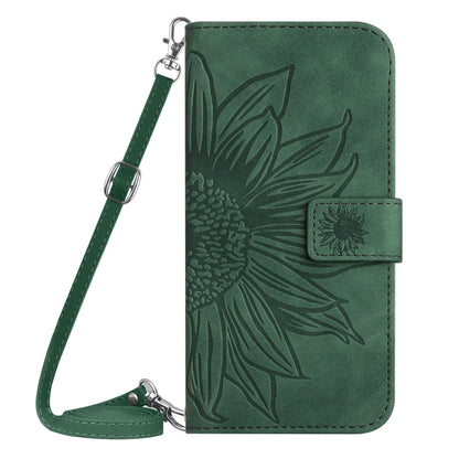 For iPhone 16e Skin Feel Sun Flower Embossed Flip Leather Phone Case with Lanyard(Green) by bashfashion