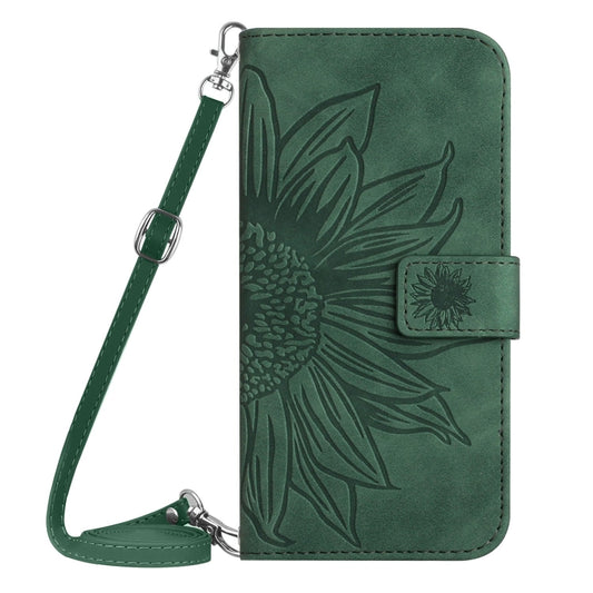 For iPhone 16e Skin Feel Sun Flower Embossed Flip Leather Phone Case with Lanyard(Green) by bashfashion