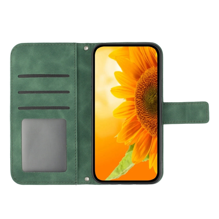 For iPhone 16e Skin Feel Sun Flower Embossed Flip Leather Phone Case with Lanyard(Green) by bashfashion