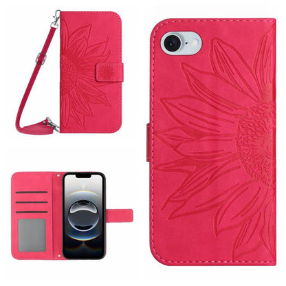 For iPhone 16e Skin Feel Sun Flower Embossed Flip Leather Phone Case with Lanyard(Rose Red) by bashfashion