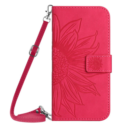 For iPhone 16e Skin Feel Sun Flower Embossed Flip Leather Phone Case with Lanyard(Rose Red) by bashfashion