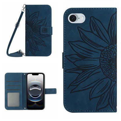 For iPhone 16e Skin Feel Sun Flower Embossed Flip Leather Phone Case with Lanyard(Inky Blue) by bashfashion