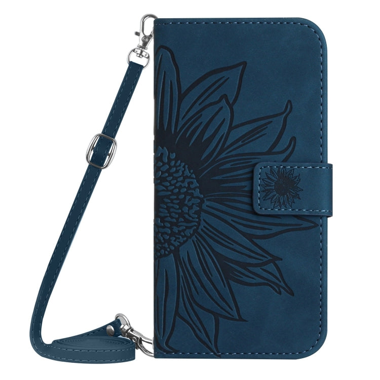 For iPhone 16e Skin Feel Sun Flower Embossed Flip Leather Phone Case with Lanyard(Inky Blue) by bashfashion