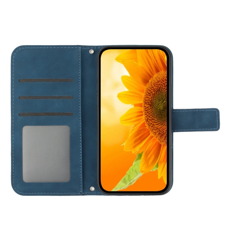 For iPhone 16e Skin Feel Sun Flower Embossed Flip Leather Phone Case with Lanyard(Inky Blue) by bashfashion